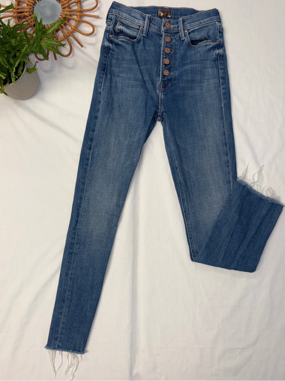 MOTHER Button-Fly High-Rise Skinny Jeans in Medium Blue